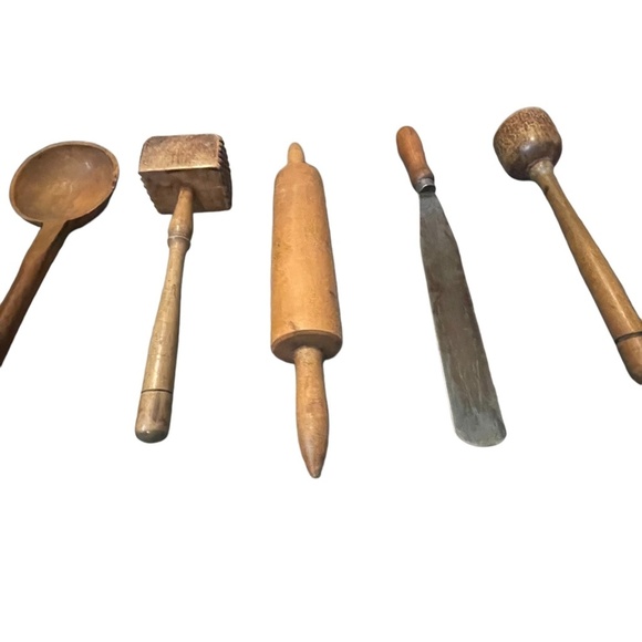 Vintage Kitchen Tall Primitive Farmhouse Decor Solid Wood Narrow Handle Utensils - Picture 2 of 14